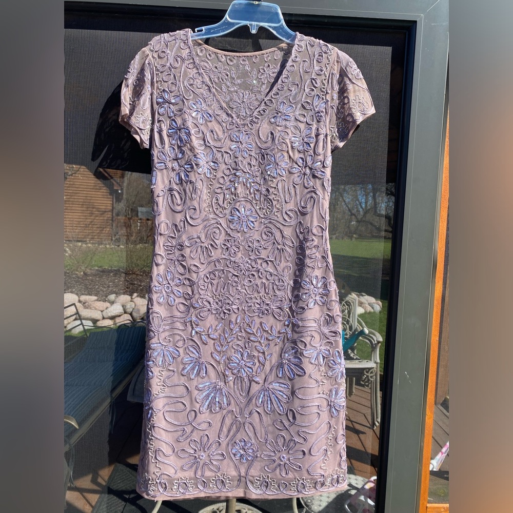 Mauve/dust rose lace and sequined cocktail dress.